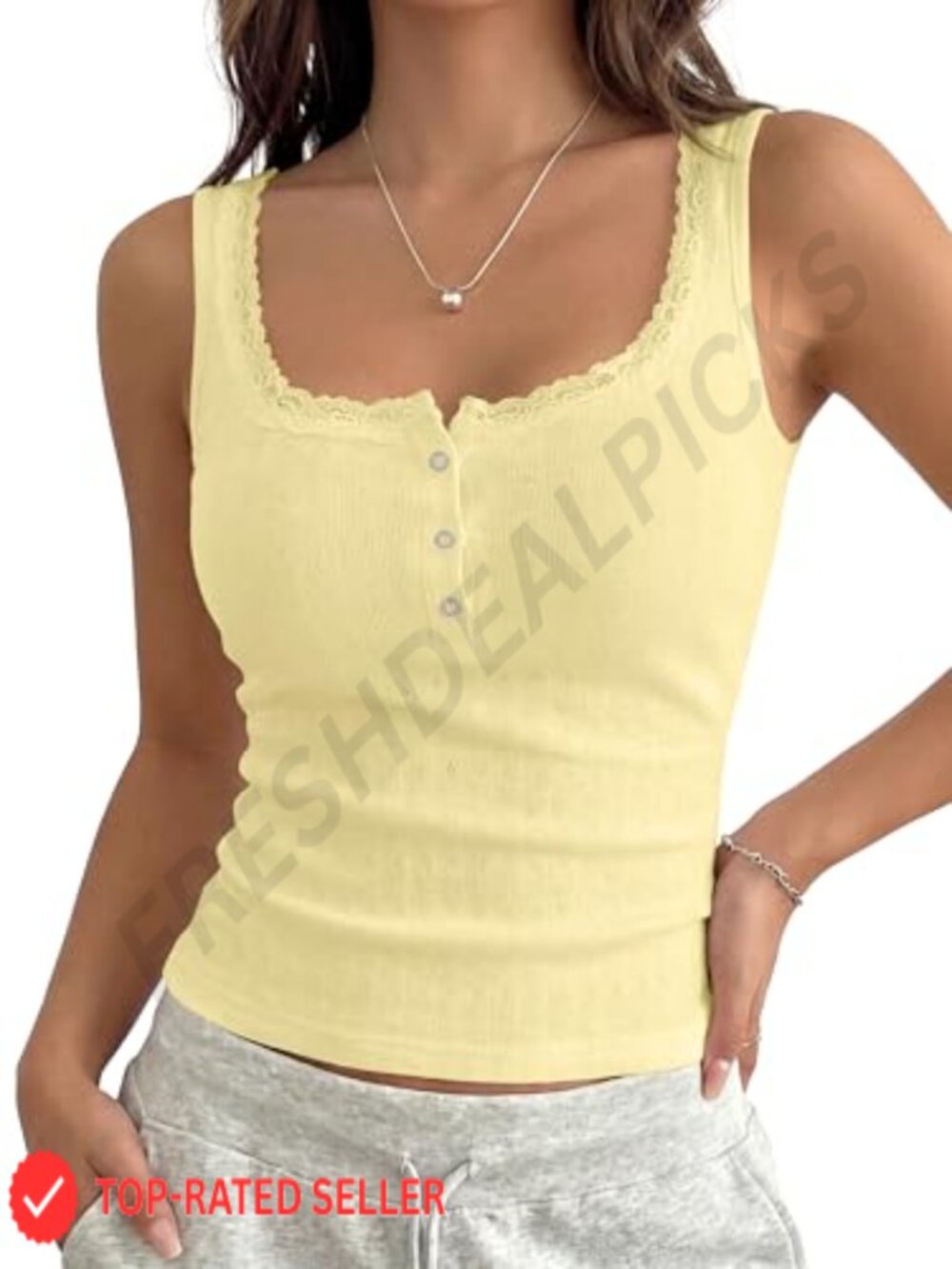 Women Y2k Lace Trim Button Up Crop Tank Pointelle Top Slim Fit Sleeveless